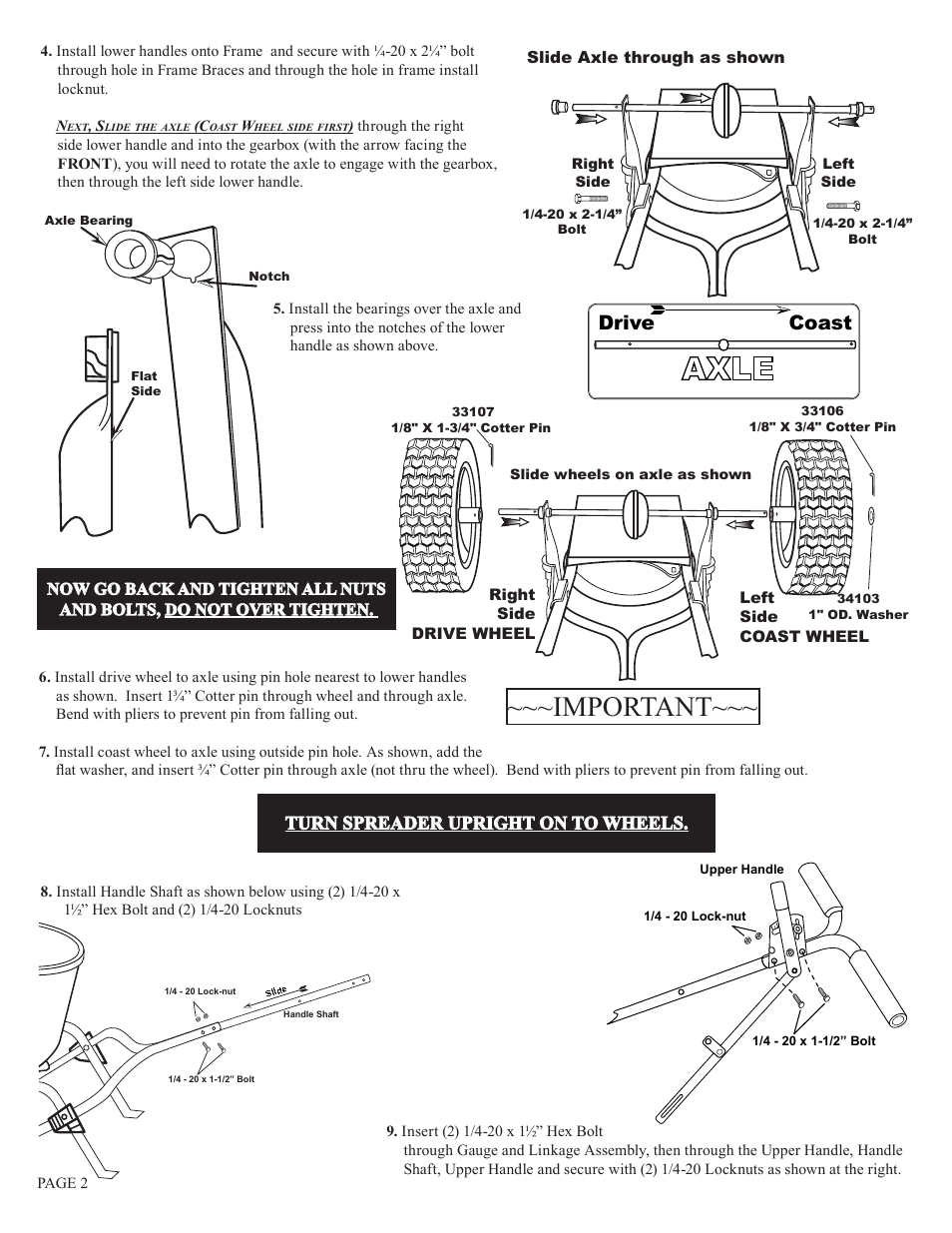 Important, Coast drive, Turn spreader upright on to wheels | Earthway 2600APlus Medium-Duty Estate Broadcast Spreader User Manual | Page 2 / 5