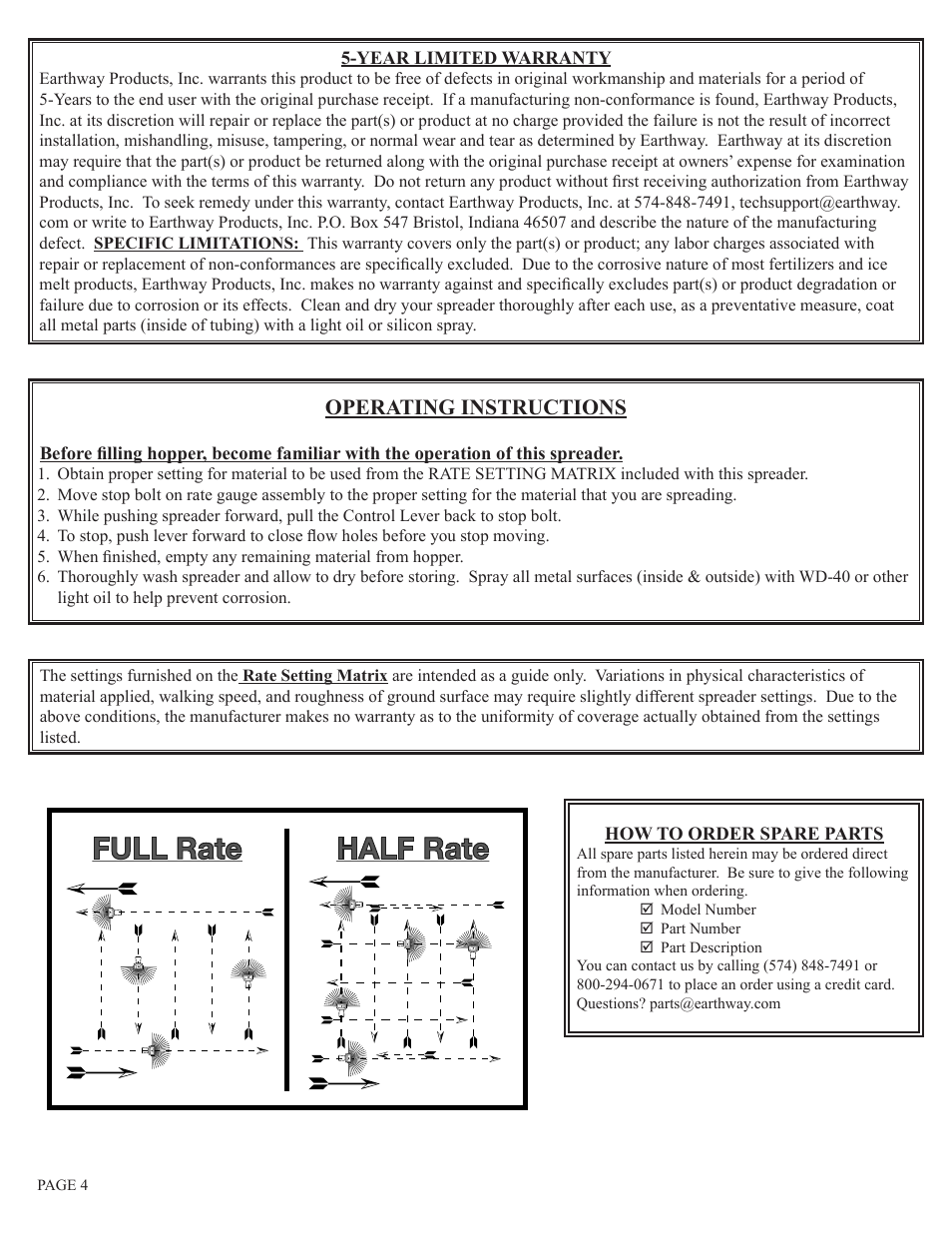 Full rate half rate, Operating instructions | Earthway 2600APlus Medium-Duty Estate Broadcast Spreader User Manual | Page 4 / 5
