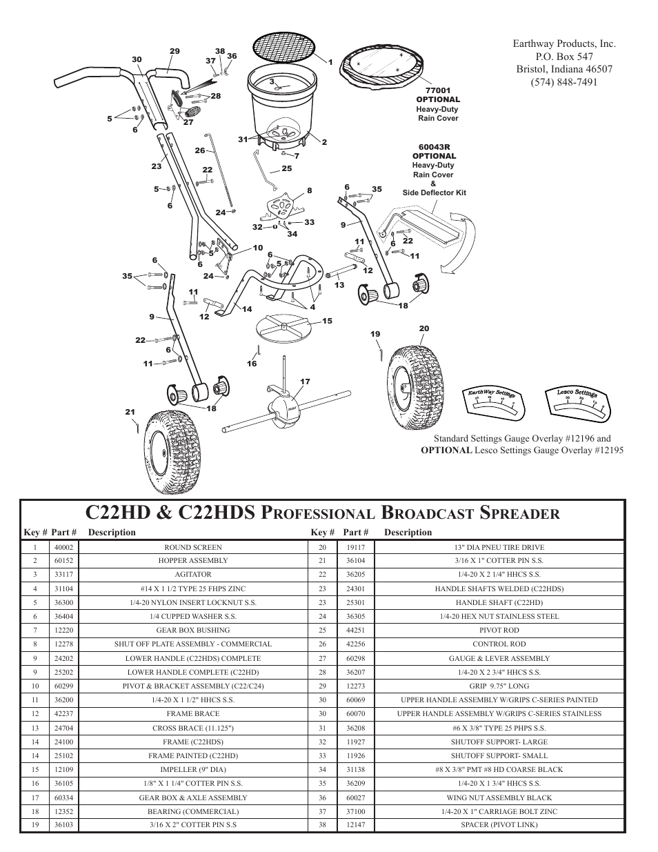 C22hd & c22hds p, Rofessional, Roadcast | Preader | Earthway C22HDS Stainless Steel Professional 50lb/23kg Broadcast Spreader User Manual | Page 6 / 6