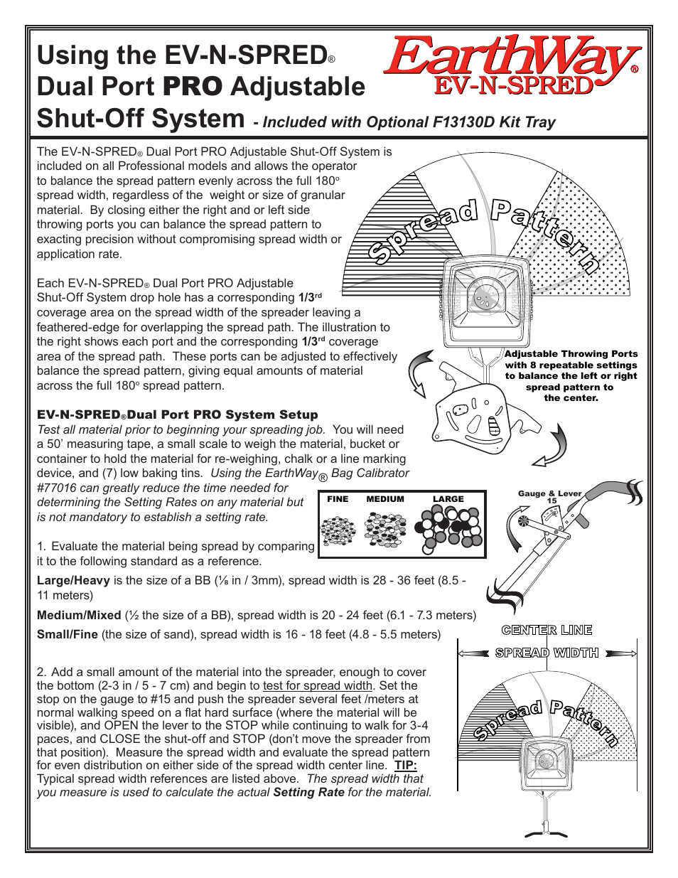 Sp rea d patte rn, Using the ev-n-spred, Dual port pro adjustable shut-off system | Earthway F80 Commercial Adaptable Broadcast Spreader User Manual | Page 8 / 11