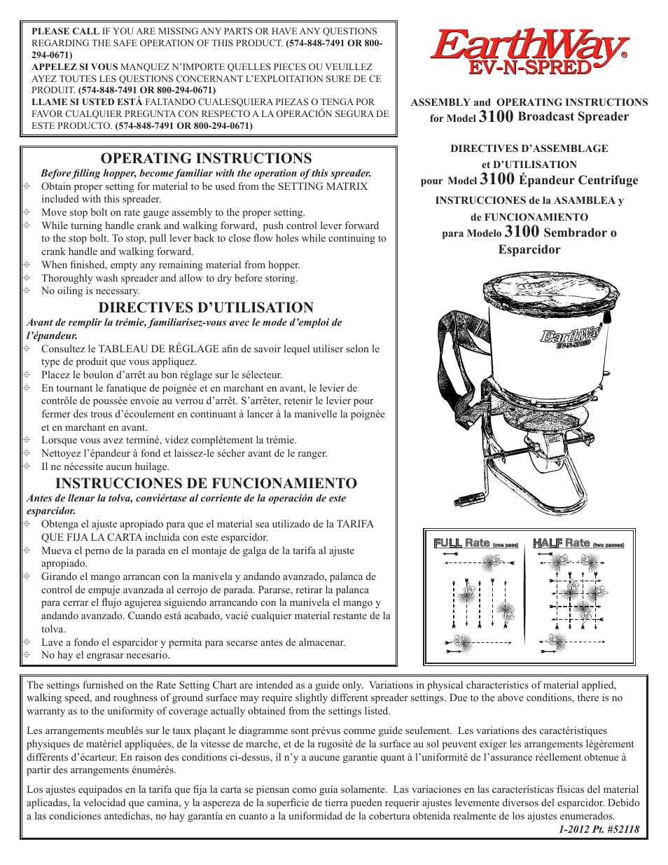 Earthway 3100 Professional Hand Crank Broadcast Spreader User Manual | 2 pages