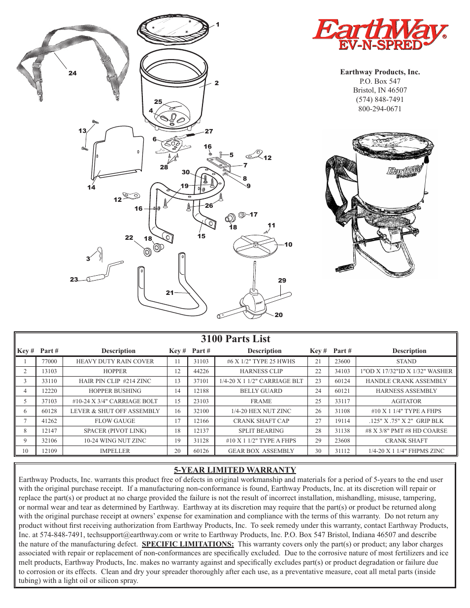 Earthway, Ev-n-spred, 3100 parts list | Year limited warranty | Earthway 3100 Professional Hand Crank Broadcast Spreader User Manual | Page 2 / 2