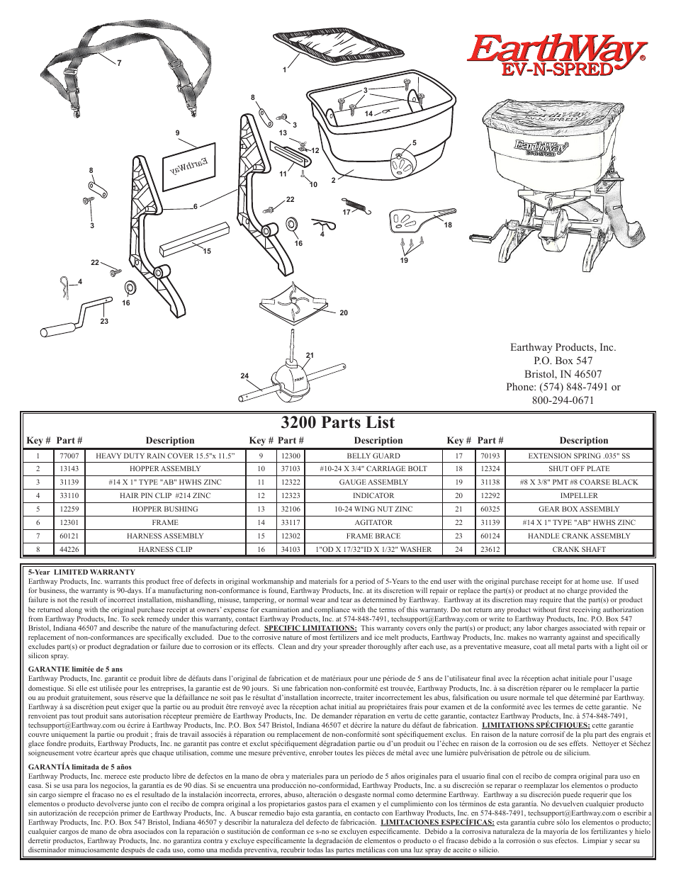 Earthway, 3200 parts list, Ev-n-spred | Earthway 3200 Commercial Hand Crank Broadcast Spreader User Manual | Page 2 / 2