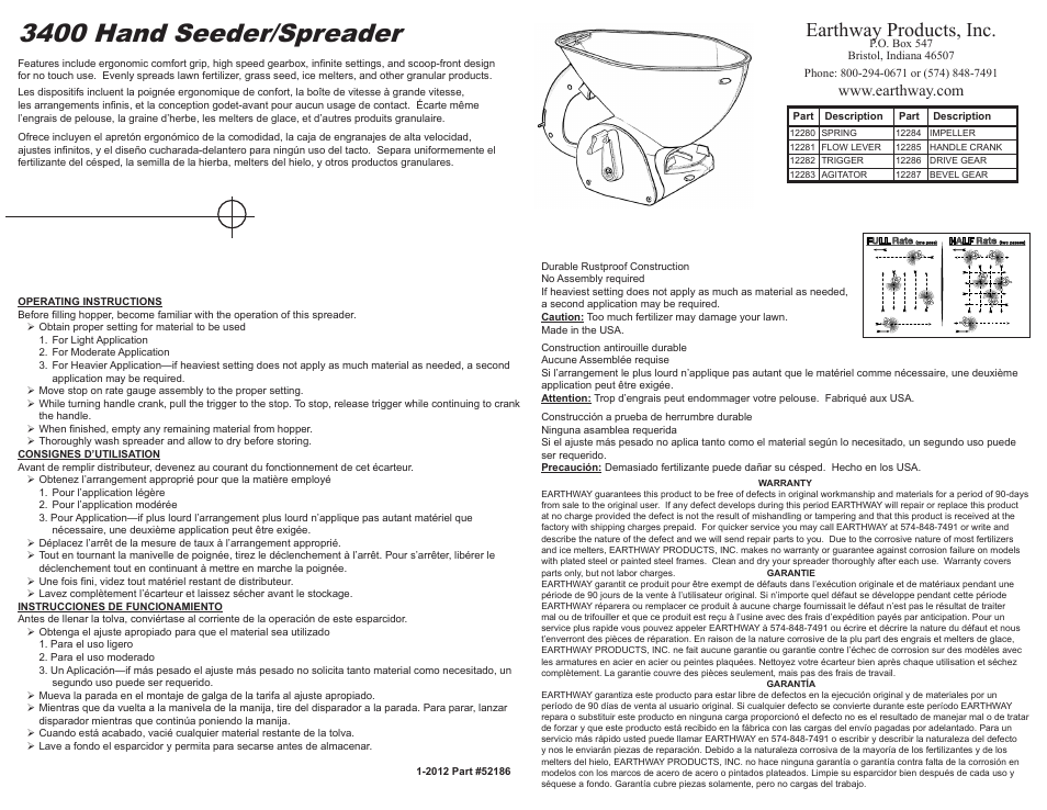 Earthway 3400 Medium Capacity Hand Spreader User Manual | 1 page