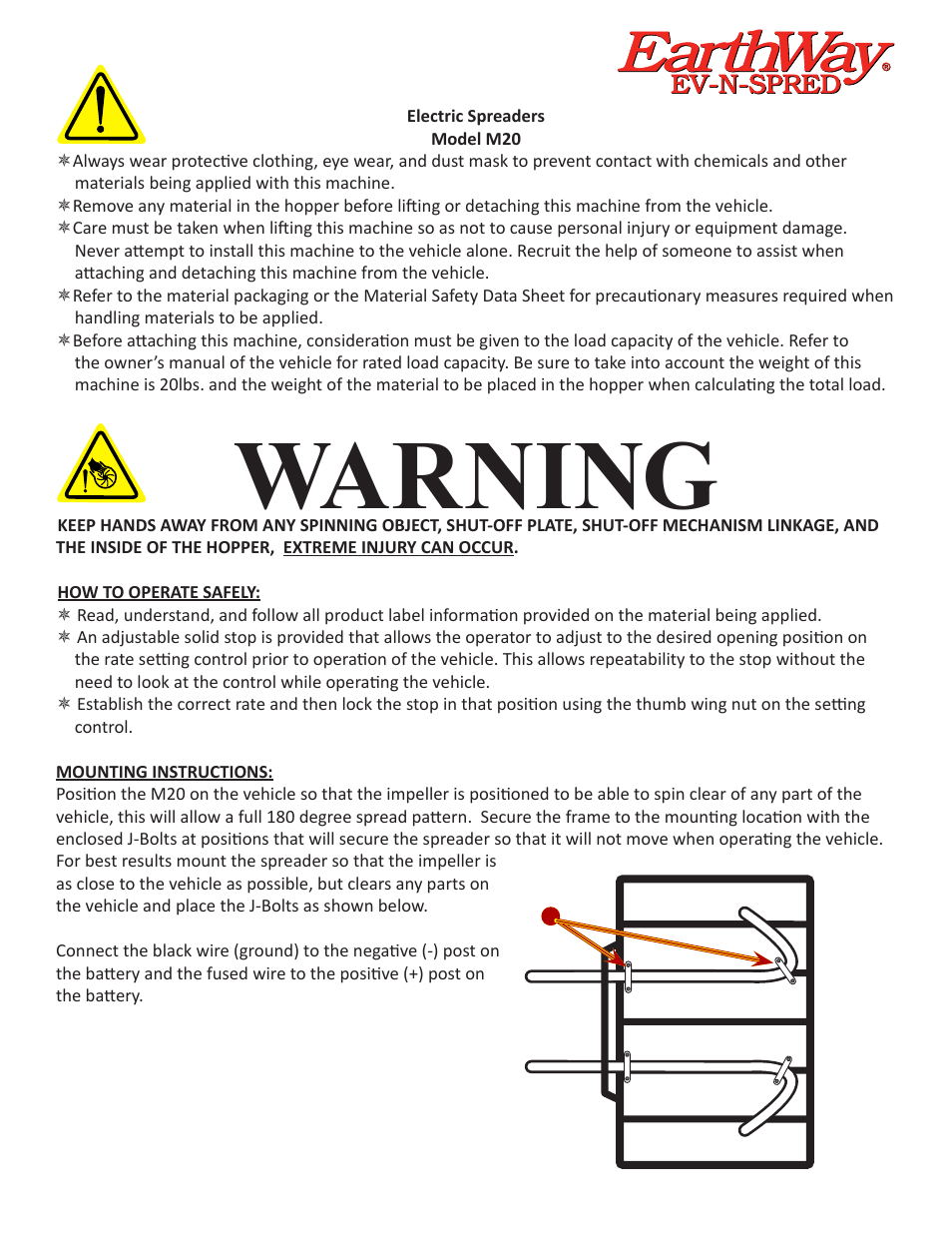 Warning | Earthway M20 12-Volt ATV Mount Broadcast Spreader User Manual | Page 3 / 6