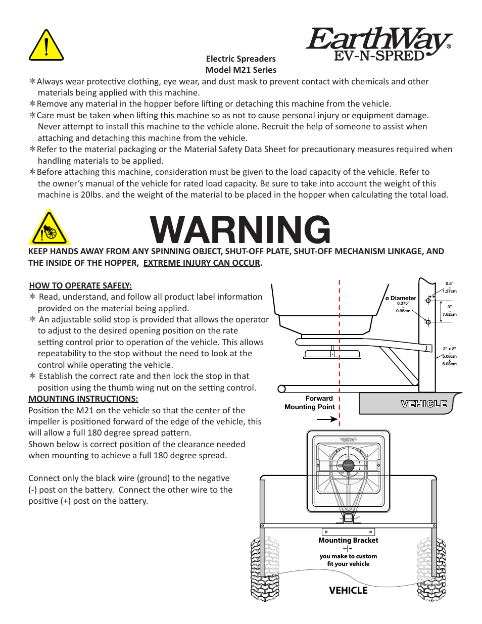 Warning, Vehicle | Earthway M21P Commercial 12-Volt Broadcast Spreader User Manual | Page 2 / 6