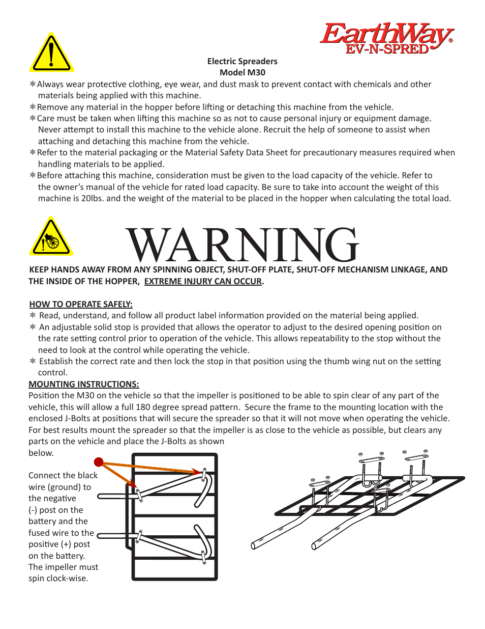 Warning | Earthway M30 12-Volt ATV Broadcast Spreader User Manual | Page 3 / 6