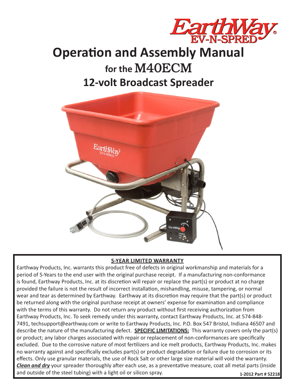 Earthway M40ECM 12-Volt Professional Broadcast Spreader User Manual | 6 pages