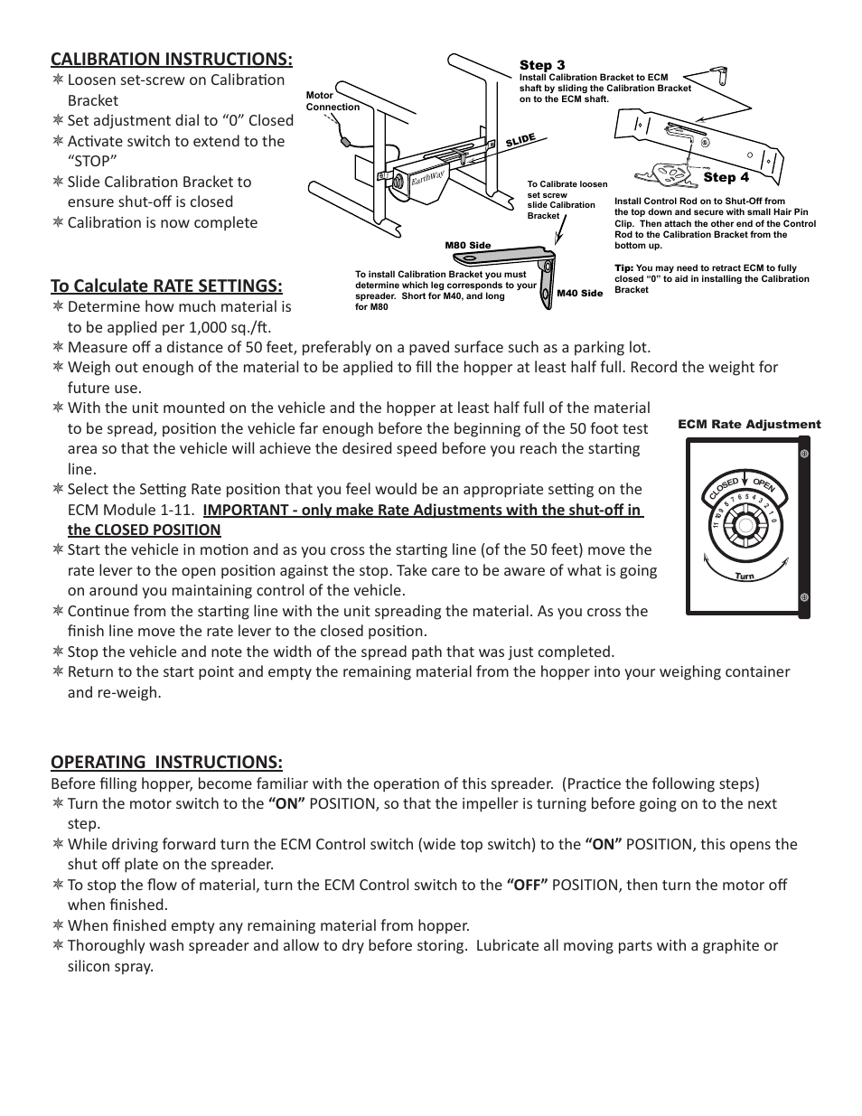 Calibration instructions, Operating instructions | Earthway M40ECM 12-Volt Professional Broadcast Spreader User Manual | Page 4 / 6