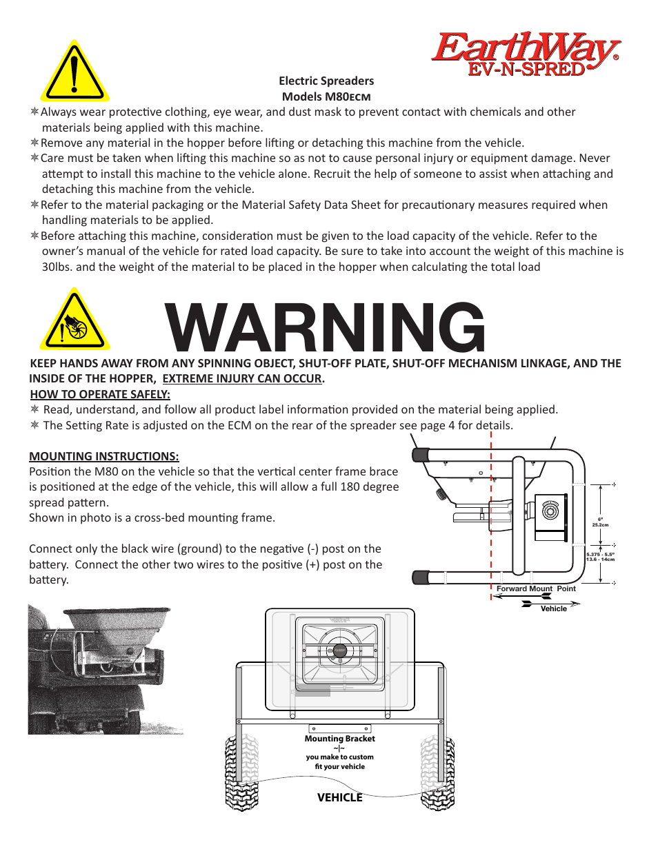 Warning, Earthway, Ev-n-spred | Earthway M80ECM 12-Volt Professional Broadcast Spreader User Manual | Page 2 / 6