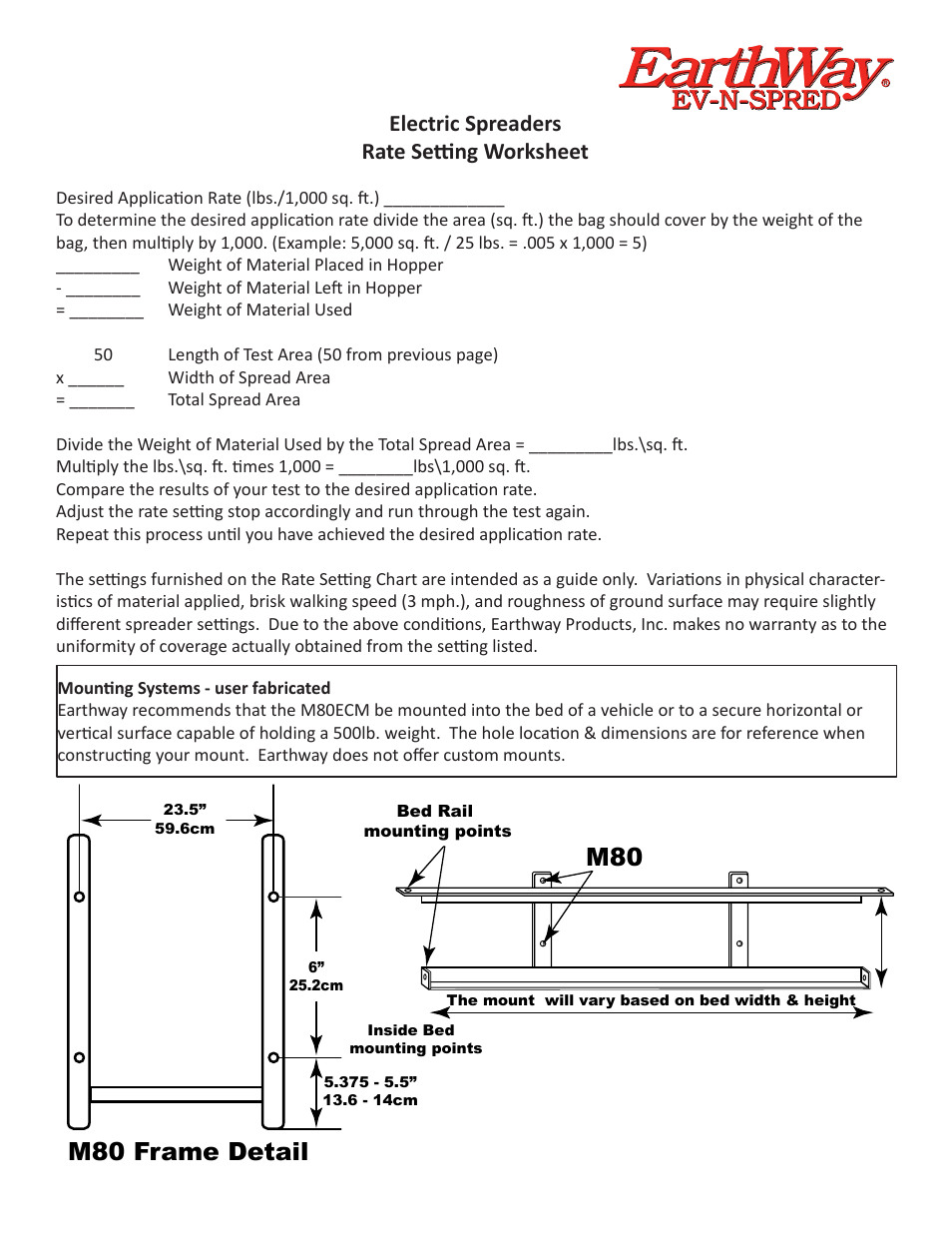 Earthway, Ev-n-spred, M80 frame detail | Electric spreaders rate setting worksheet | Earthway M80ECM 12-Volt Professional Broadcast Spreader User Manual | Page 3 / 6