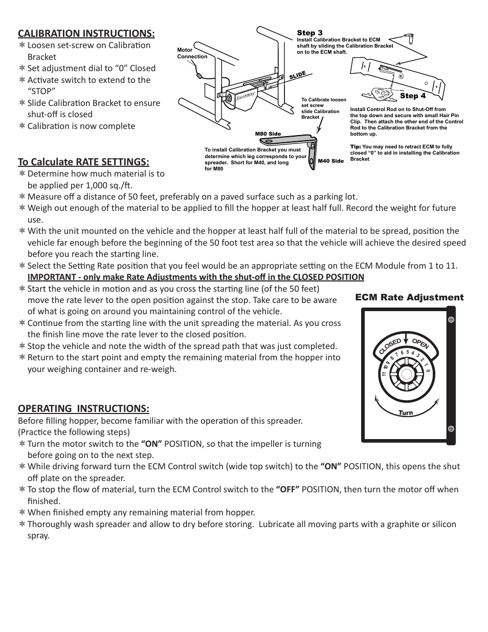 Calibration instructions, Operating instructions | Earthway M80ECM 12-Volt Professional Broadcast Spreader User Manual | Page 4 / 6