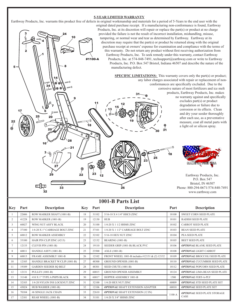 1001-b parts list | Earthway 1001-B Precision Garden Seeder User Manual | Page 5 / 5