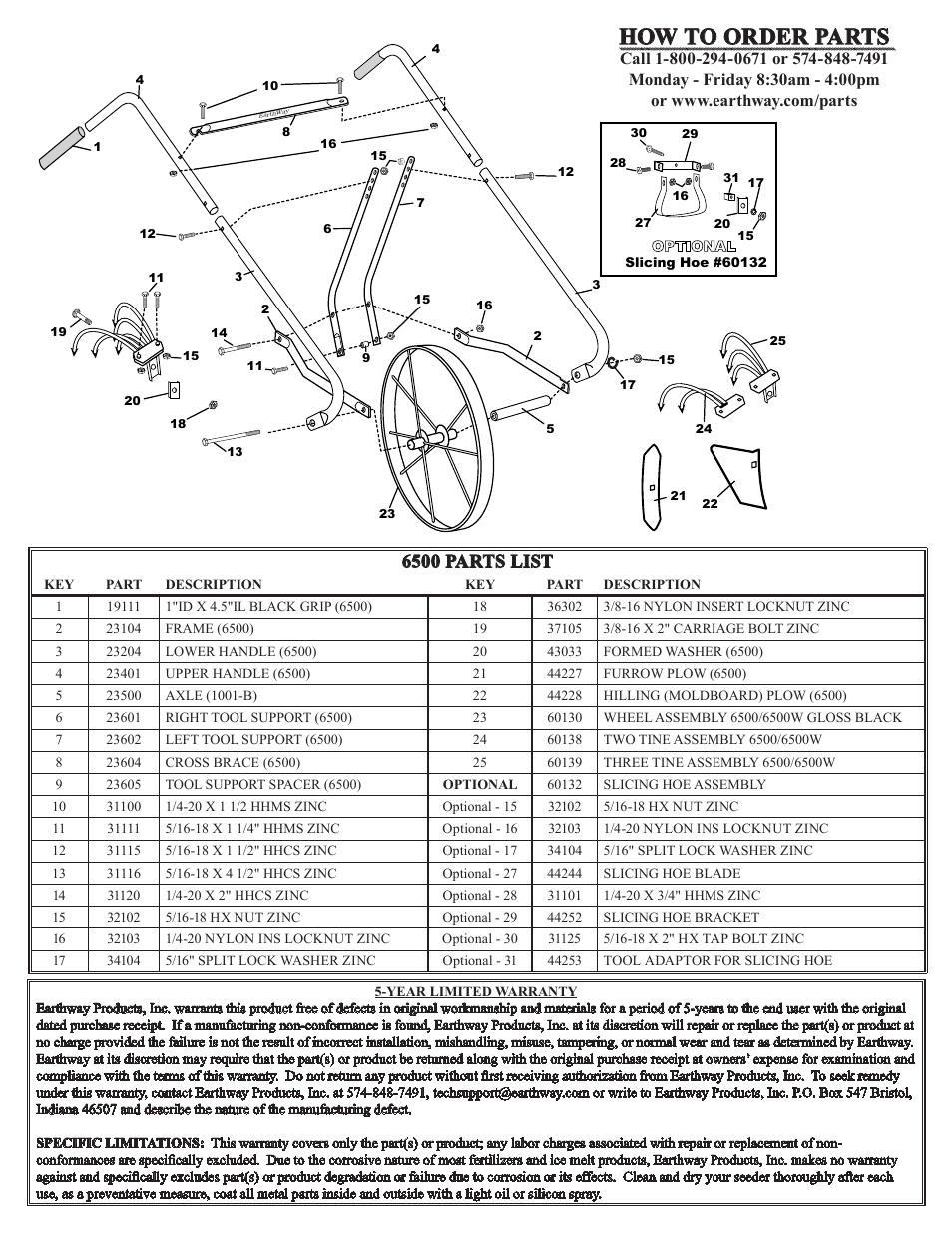 How to order parts, 6500 parts list | Earthway 6500 High Wheel Cultivator User Manual | Page 2 / 2