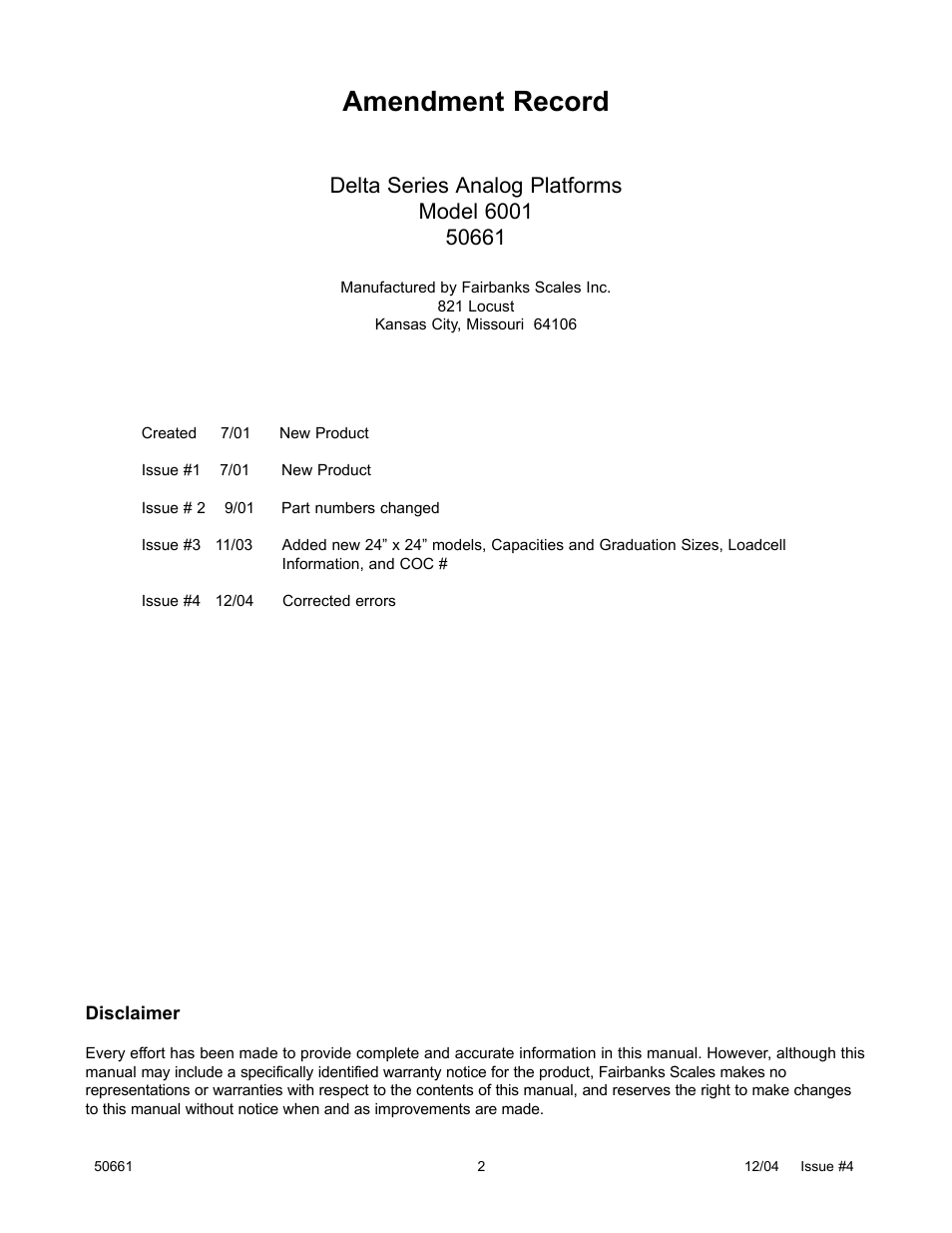 Amendment record | Fairbanks 6001 Delta Series Analog Platforms User Manual | Page 2 / 20