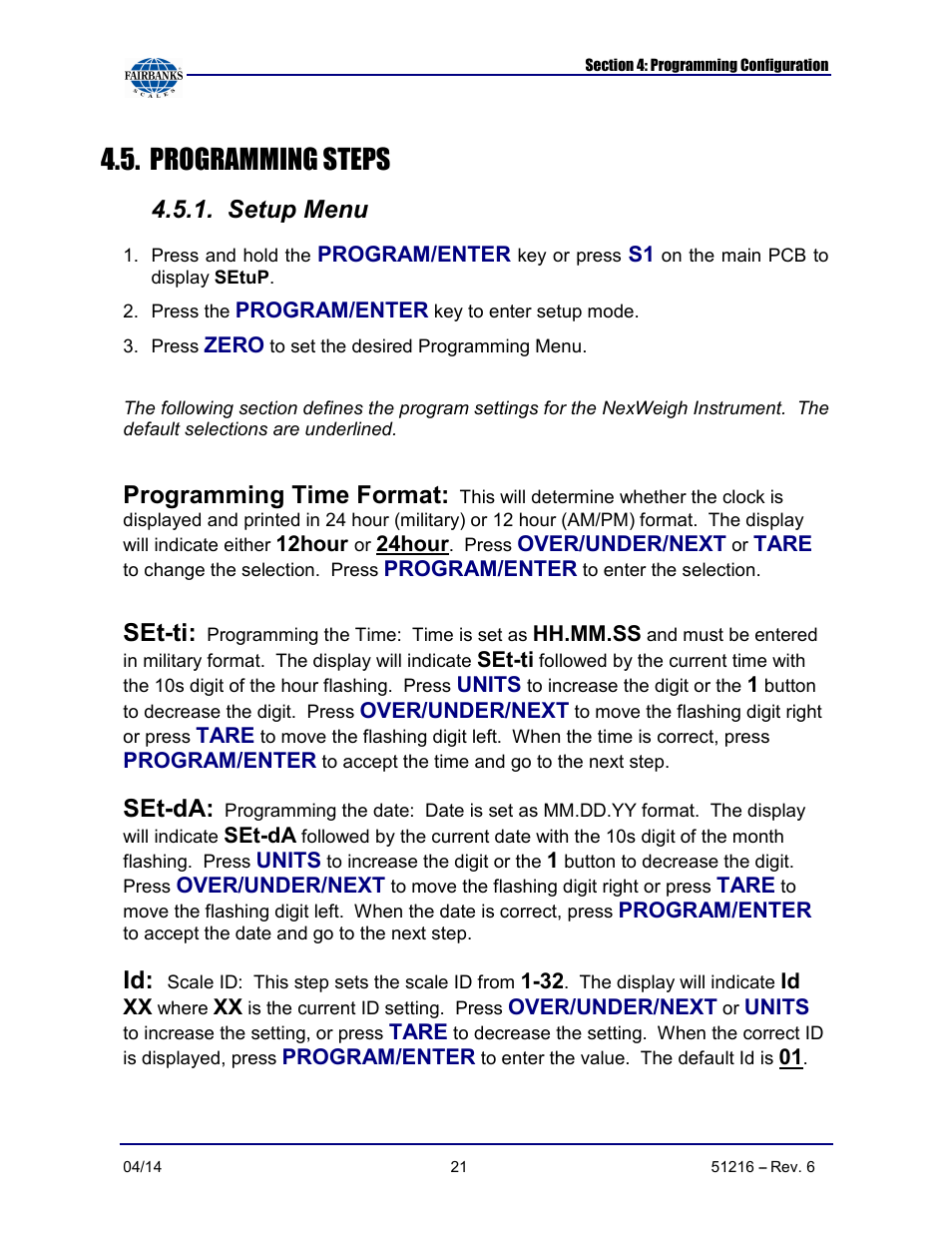 Programming steps, Setup menu, Programming time format | Set-ti, Set-da | Fairbanks NexWeigh User Manual | Page 21 / 80