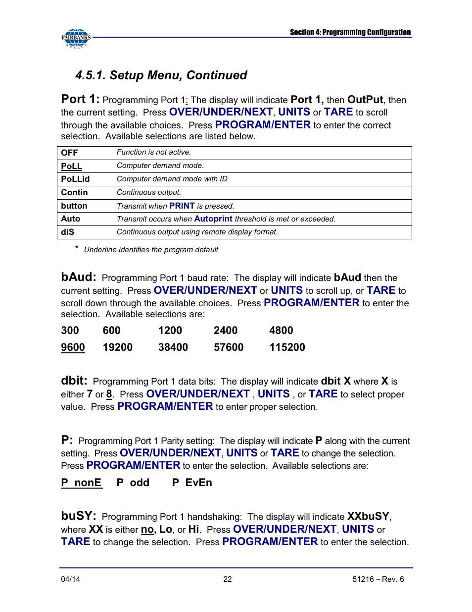 Setup menu, continued port 1, Baud, Dbit | Busy | Fairbanks NexWeigh User Manual | Page 22 / 80