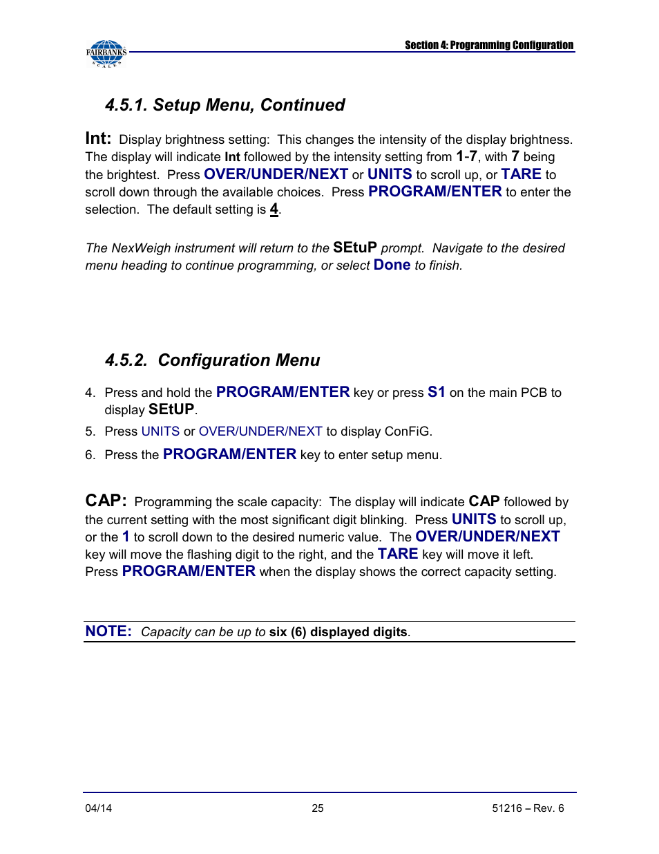 Setup menu, continued int, Configuration menu | Fairbanks NexWeigh User Manual | Page 25 / 80