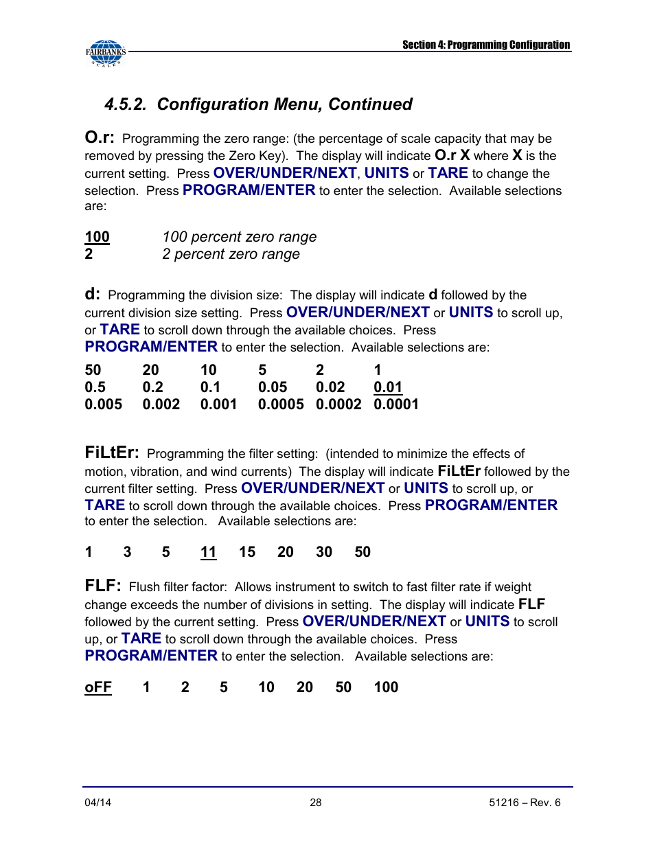 Configuration menu, continued o.r, Filter | Fairbanks NexWeigh User Manual | Page 28 / 80