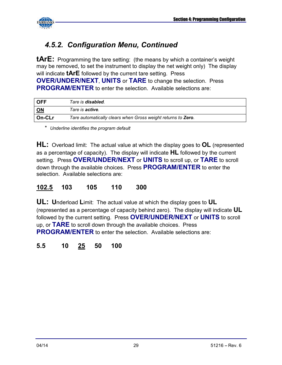 Configuration menu, continued tare | Fairbanks NexWeigh User Manual | Page 29 / 80