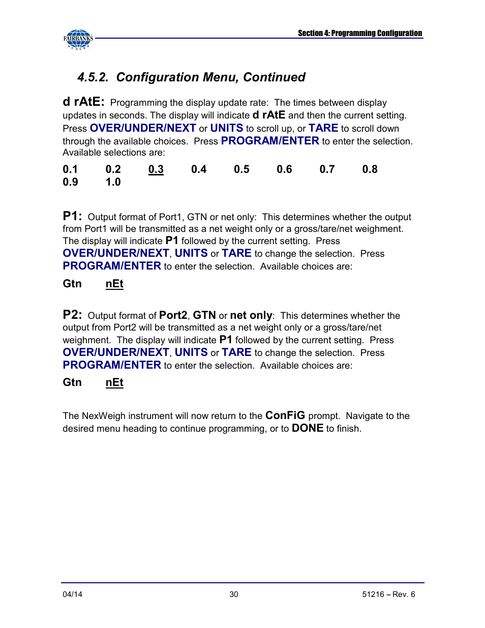 Configuration menu, continued d rate | Fairbanks NexWeigh User Manual | Page 30 / 80