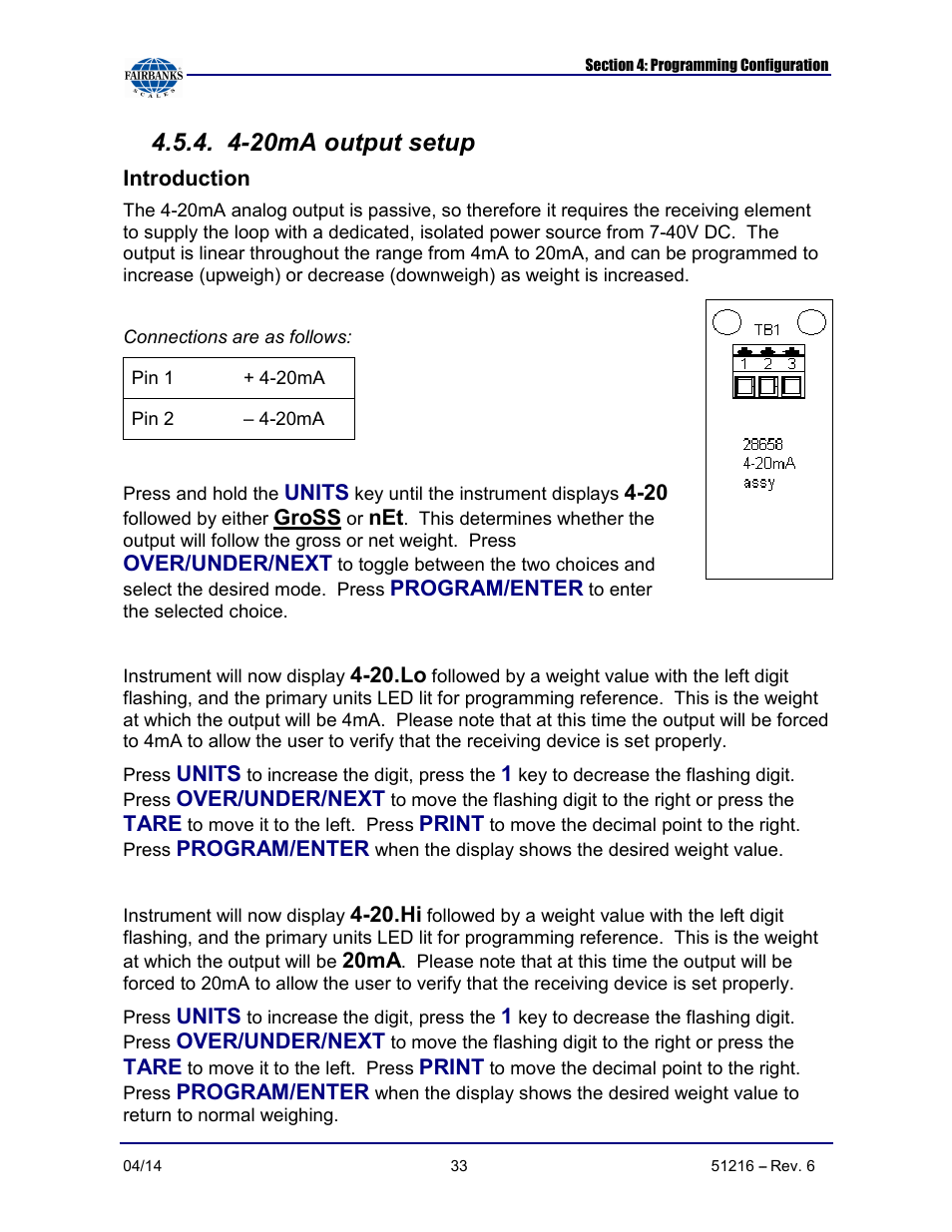 4-20ma output setup | Fairbanks NexWeigh User Manual | Page 33 / 80