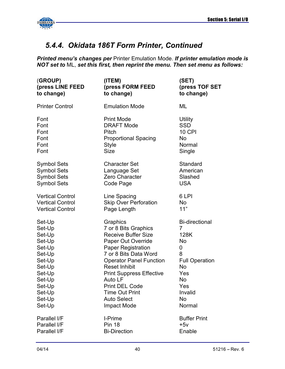 Okidata 186t form printer, continued | Fairbanks NexWeigh User Manual | Page 40 / 80