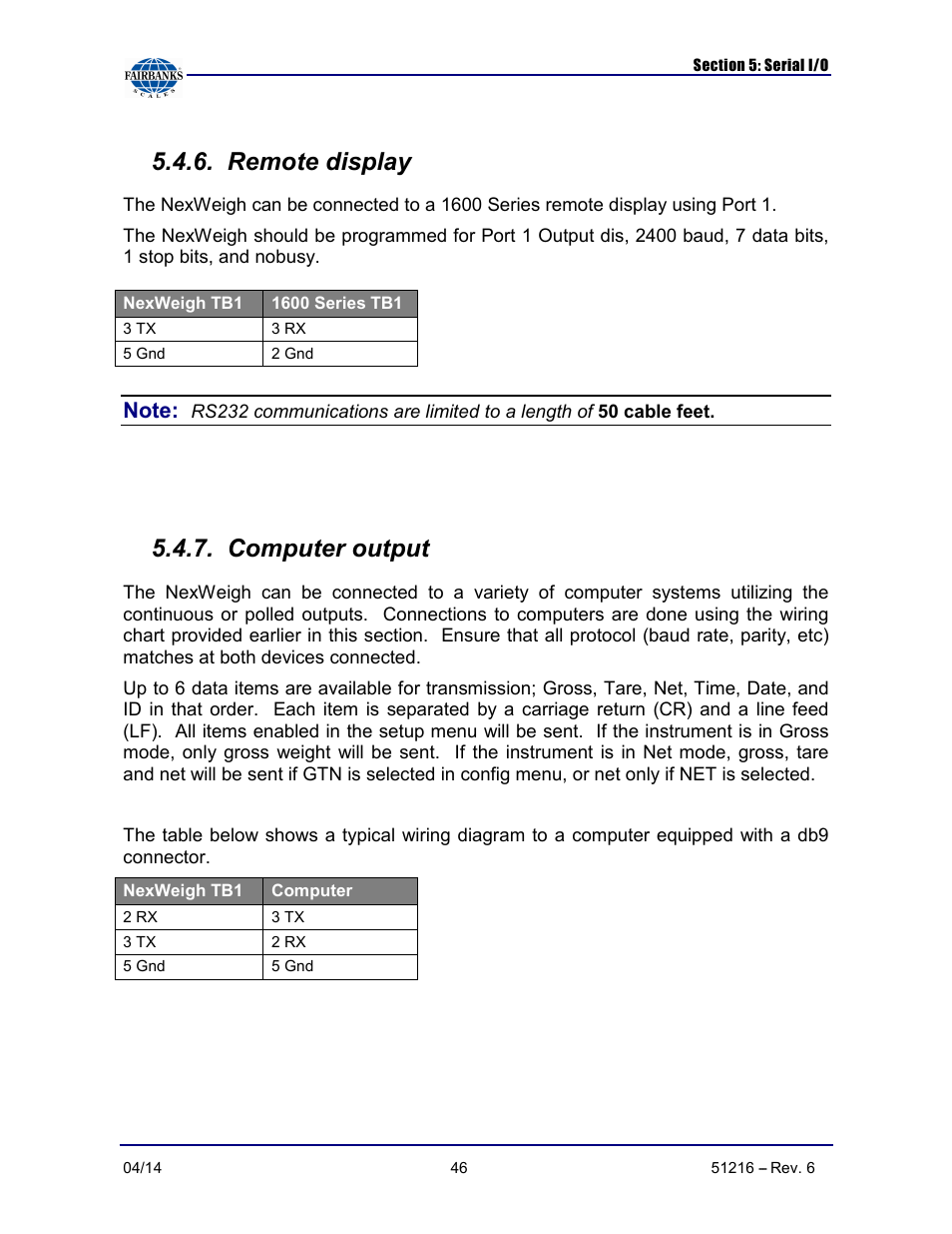 Remote display, Computer output | Fairbanks NexWeigh User Manual | Page 46 / 80