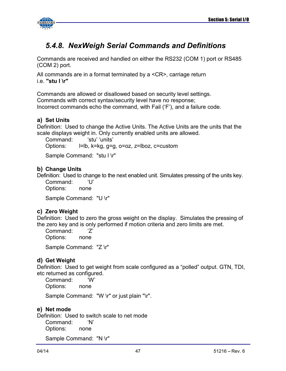 Nexweigh serial commands and definitions | Fairbanks NexWeigh User Manual | Page 47 / 80