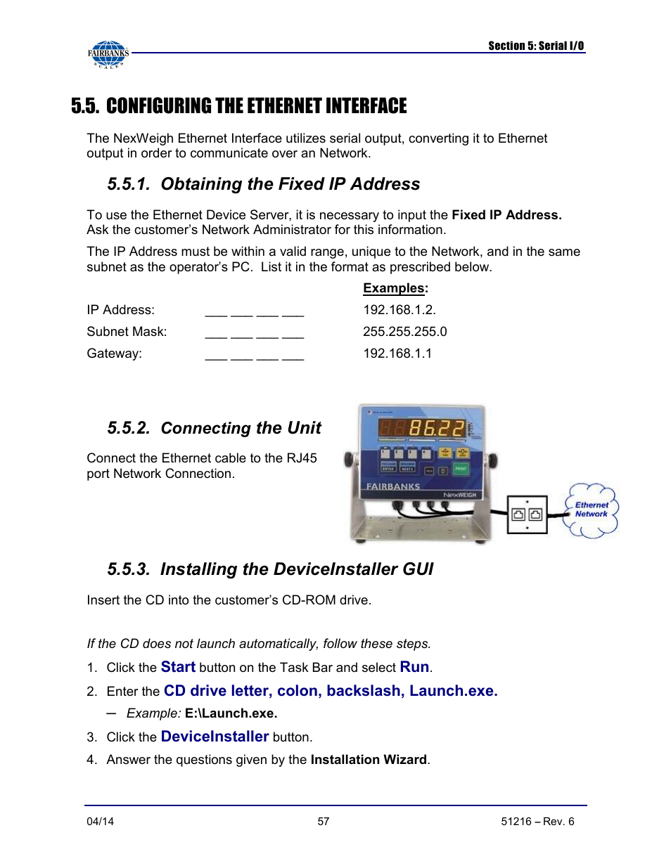 Configuring the ethernet interface, Obtaining the fixed ip address, The unit | Installing the deviceinstaller gui, Connecting | Fairbanks NexWeigh User Manual | Page 57 / 80