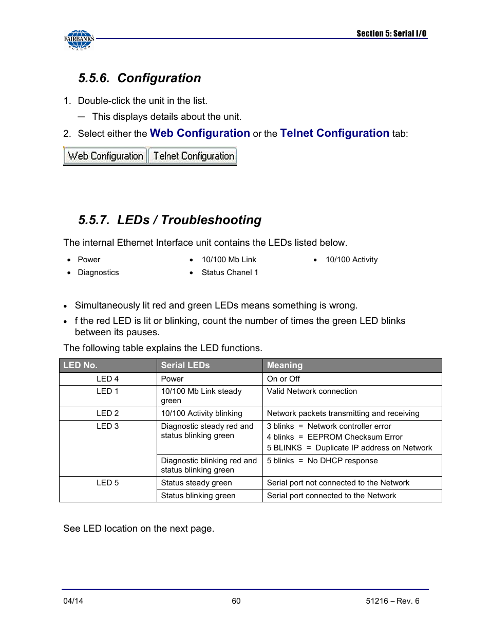 Configuration, Leds / troubleshooting, Web configuration | Telnet configuration | Fairbanks NexWeigh User Manual | Page 60 / 80