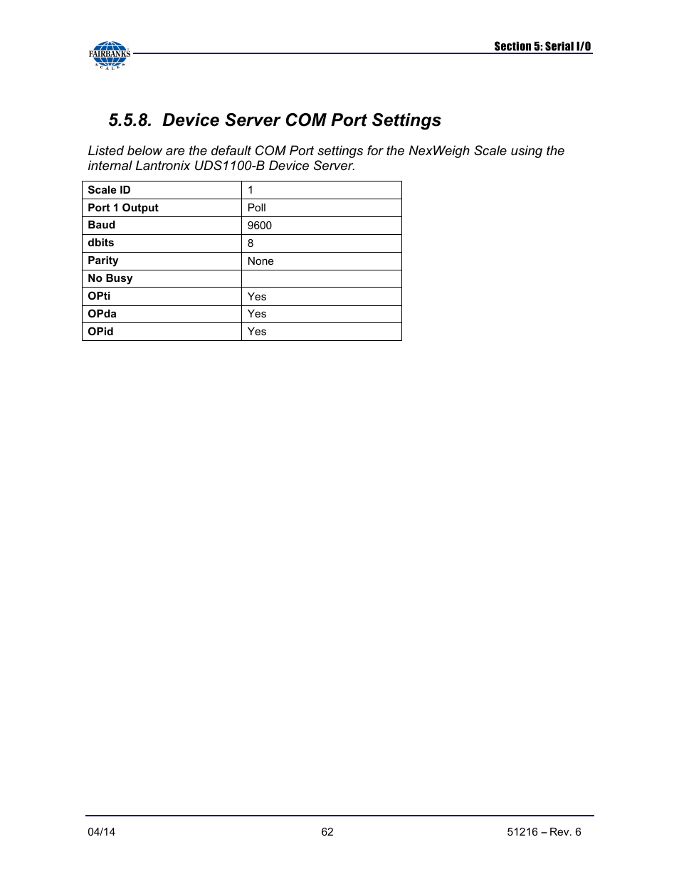 Device server com port settings | Fairbanks NexWeigh User Manual | Page 62 / 80