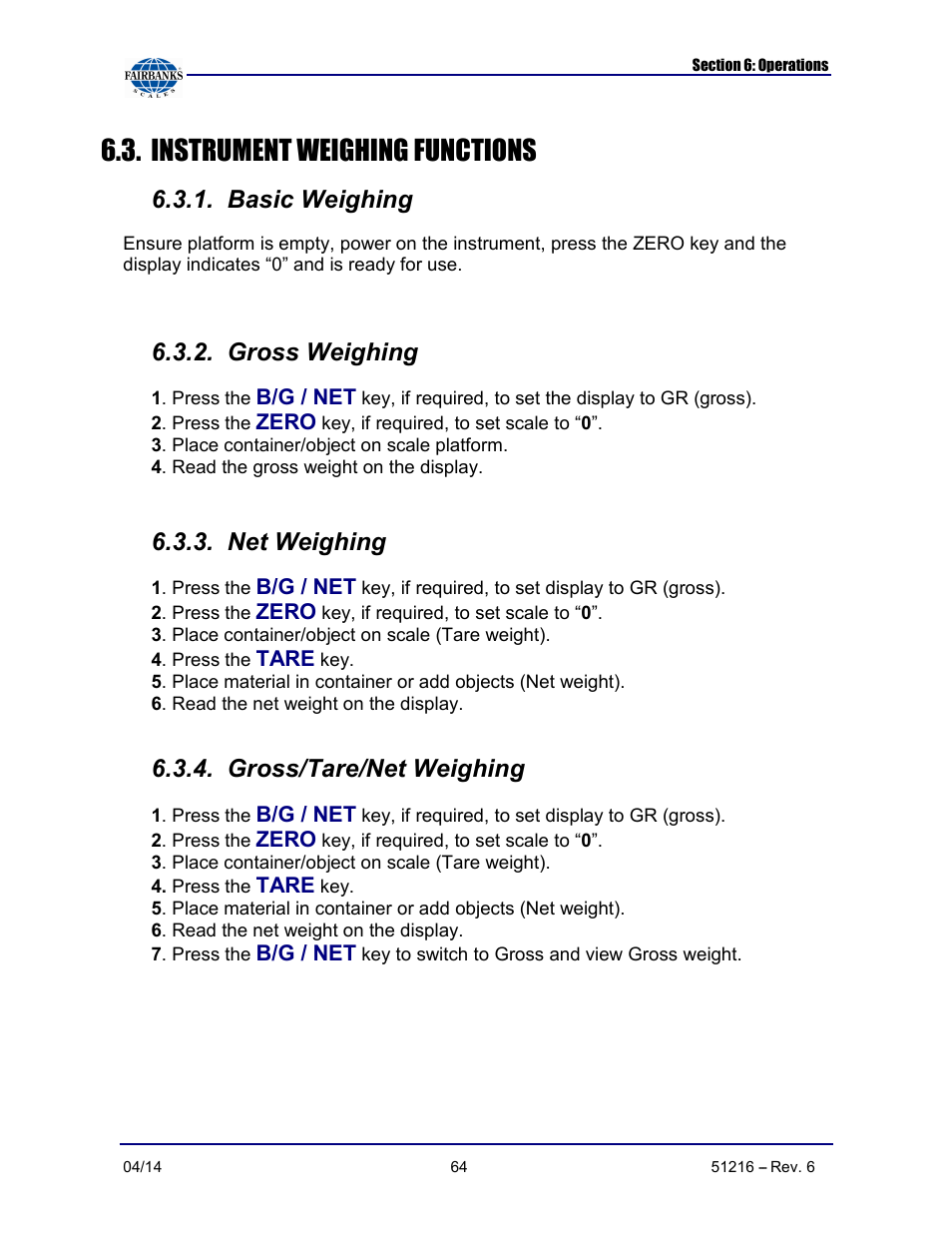 Instrument weighing functions, Basic weighing, Gross weighing | Net weighing, Gross/tare/net weighing | Fairbanks NexWeigh User Manual | Page 64 / 80