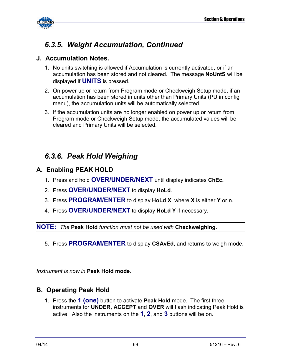 Weight accumulation, continued, Peak hold weighing | Fairbanks NexWeigh User Manual | Page 69 / 80