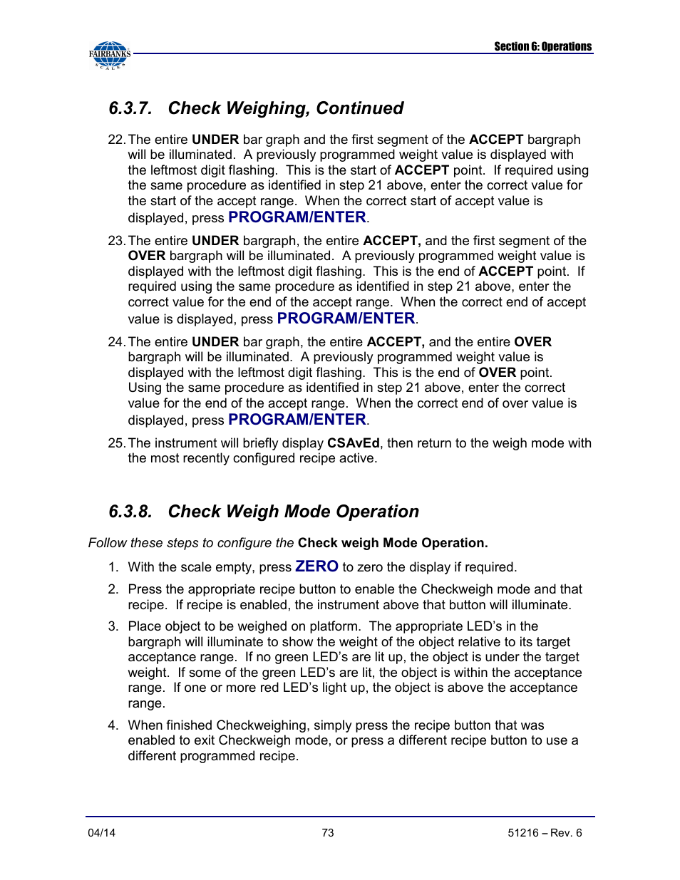 Check weighing, continued, Check weigh mode operation | Fairbanks NexWeigh User Manual | Page 73 / 80