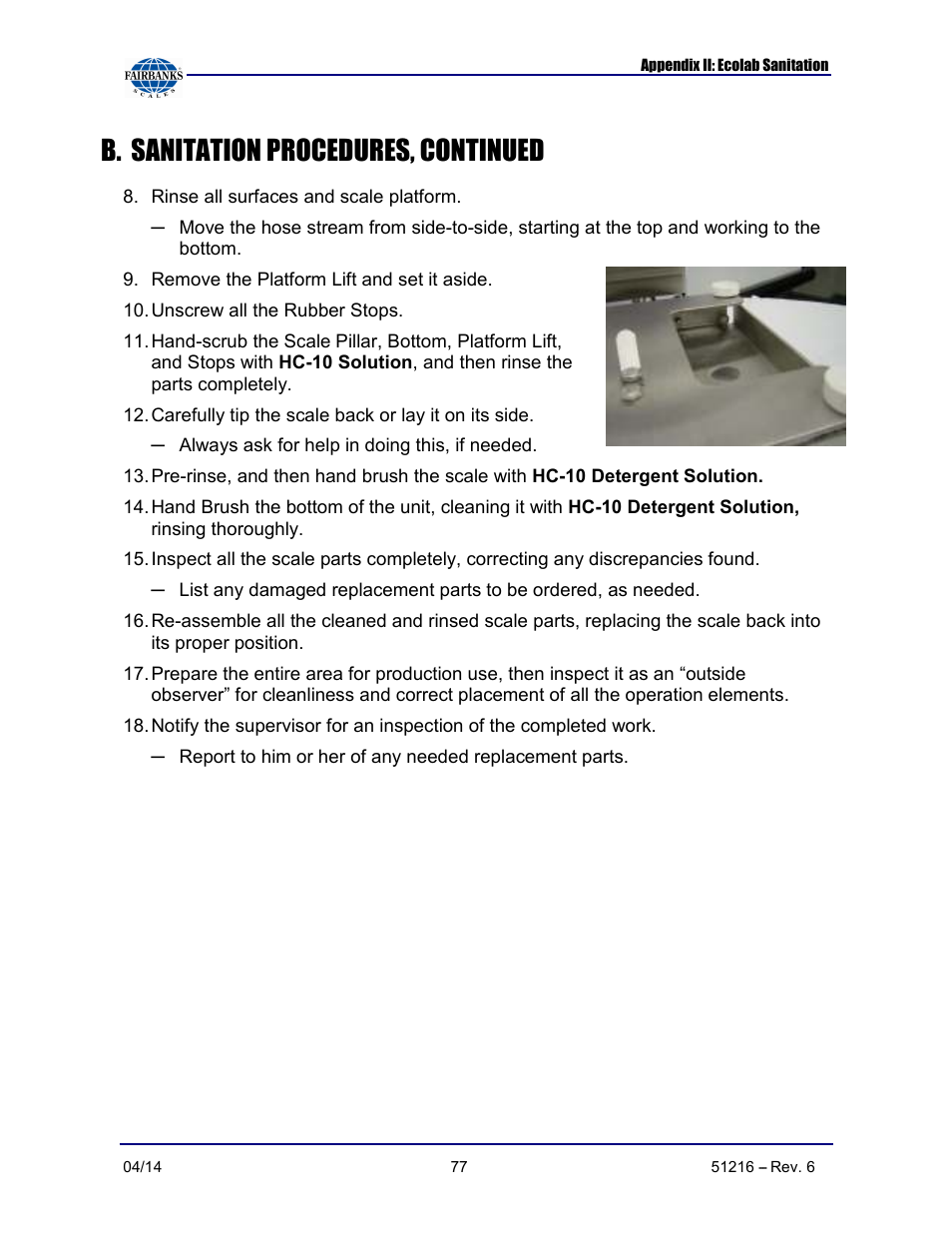 B. sanitation procedures, continued | Fairbanks NexWeigh User Manual | Page 77 / 80