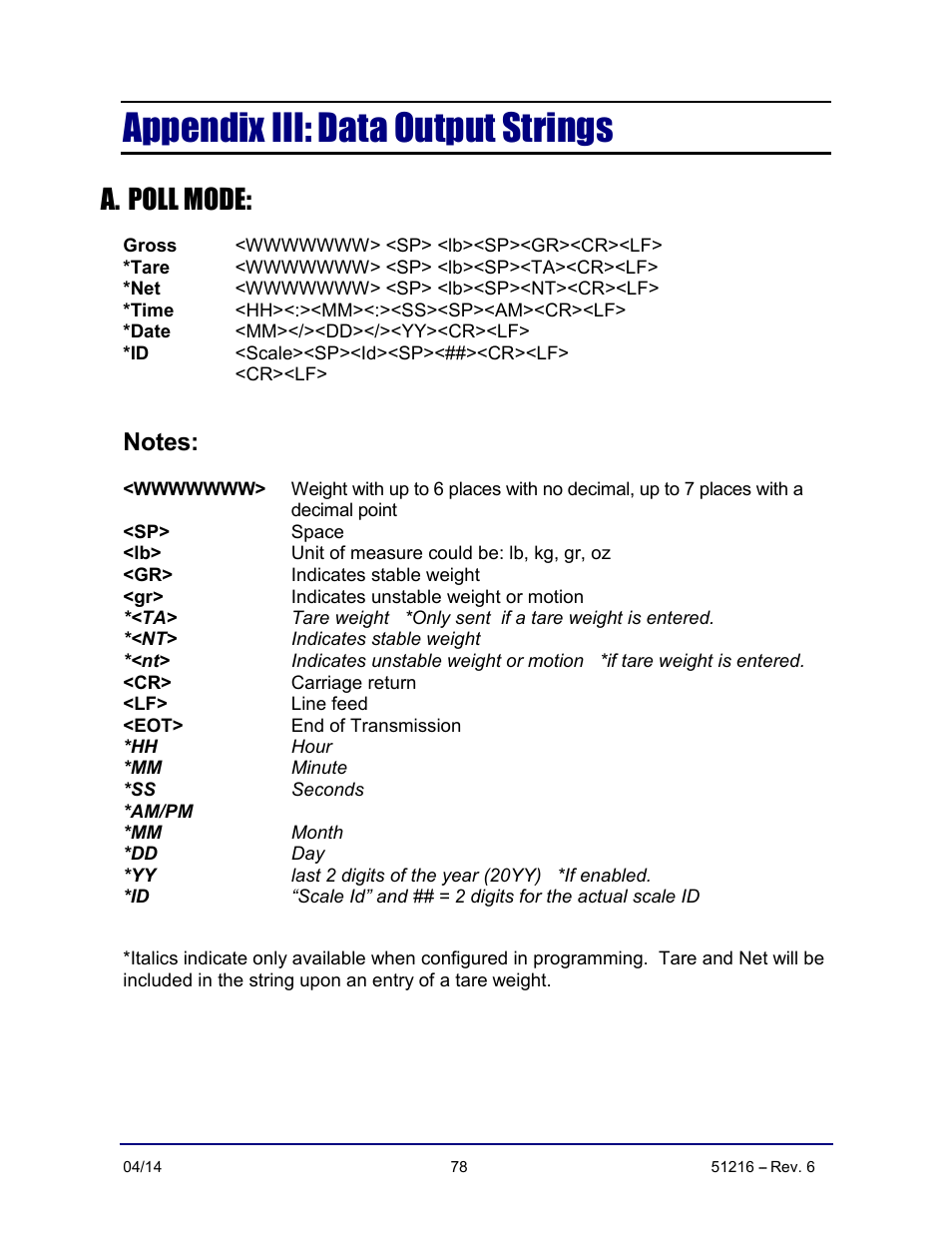 Appendix iii: data output strings, A. poll mode | Fairbanks NexWeigh User Manual | Page 78 / 80