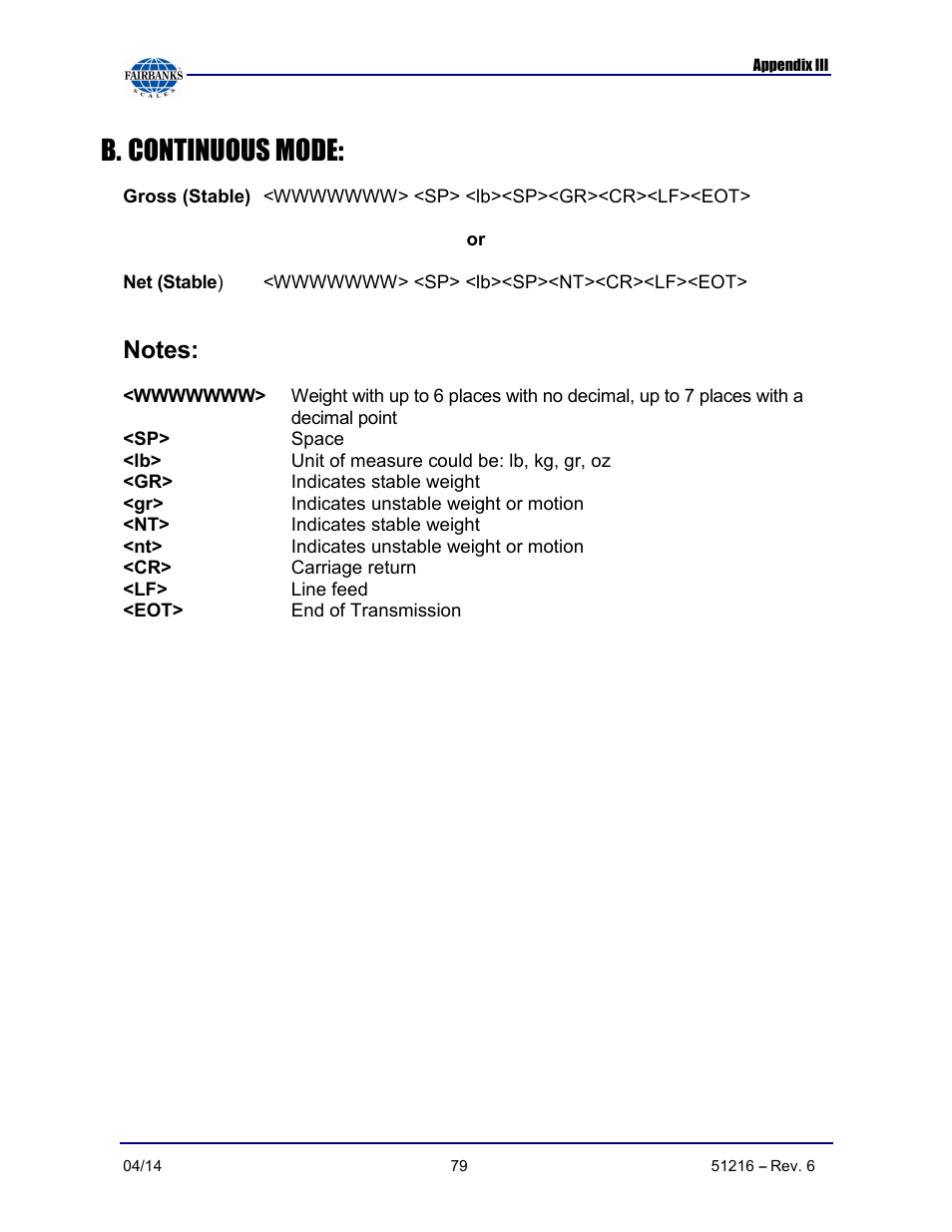 B. continuous mode | Fairbanks NexWeigh User Manual | Page 79 / 80