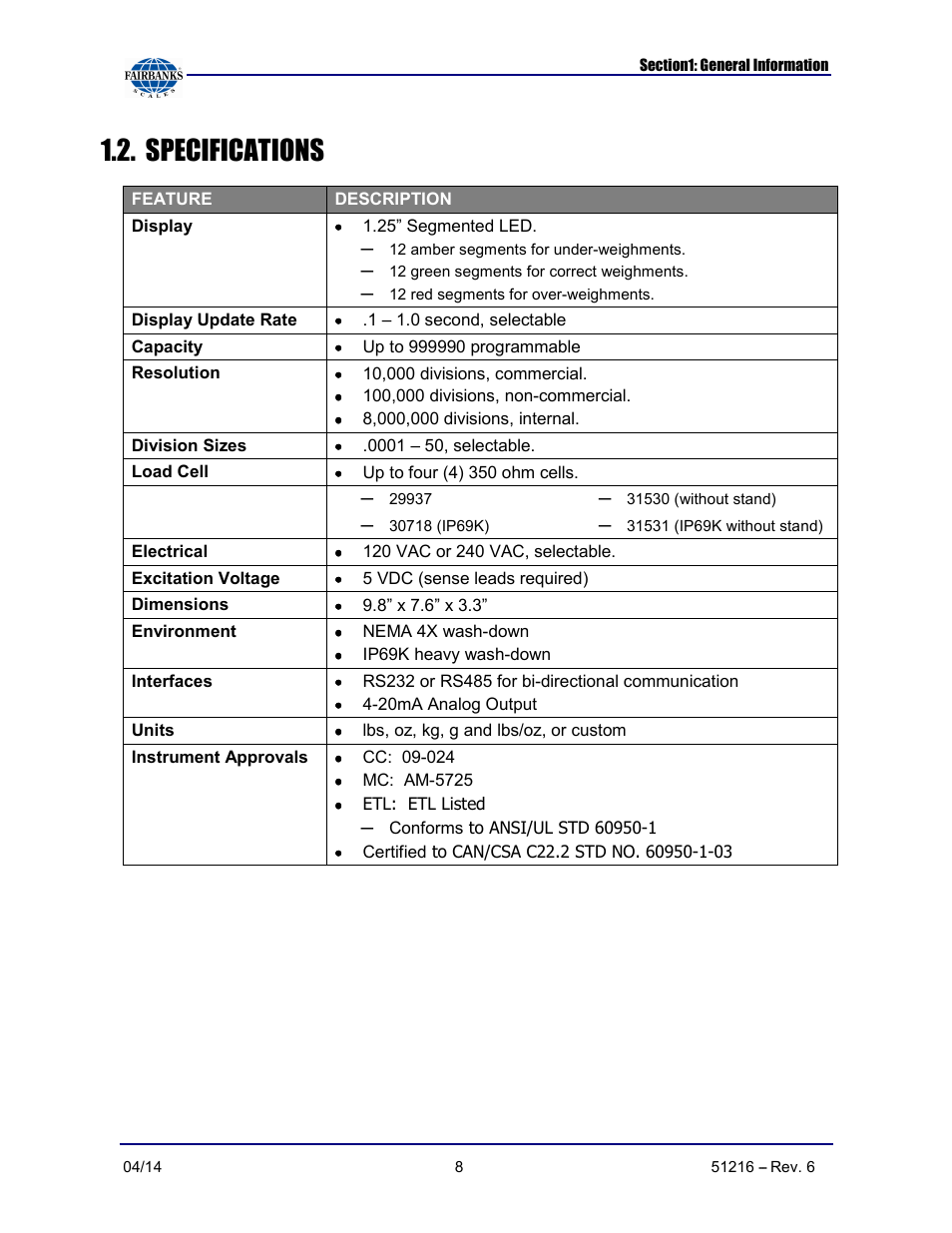 Specifications | Fairbanks NexWeigh User Manual | Page 8 / 80