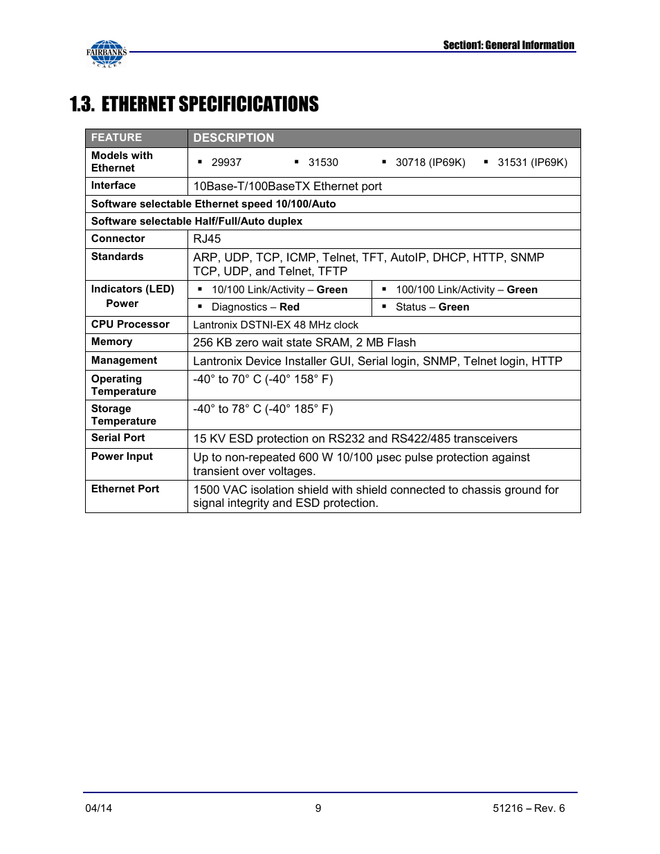 Ethernet specificications | Fairbanks NexWeigh User Manual | Page 9 / 80