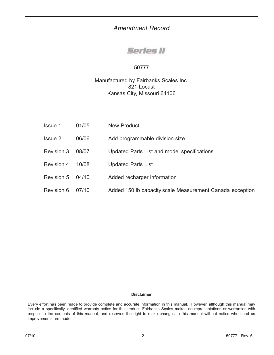 Amendment record | Fairbanks Series II Bench Scales User Manual | Page 2 / 14