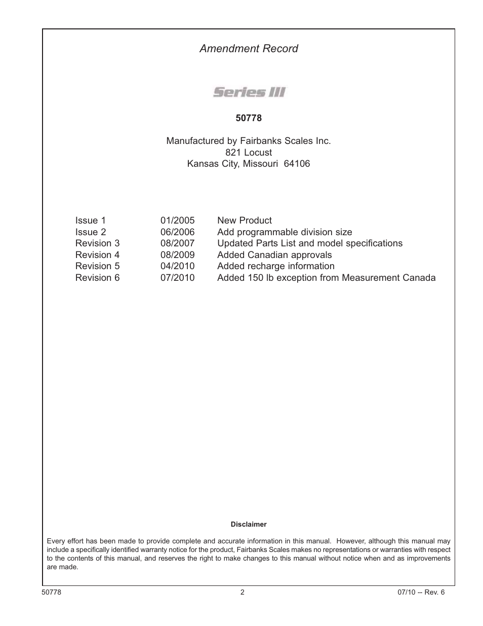 Amendment record | Fairbanks Series III Bench Scales User Manual | Page 2 / 15