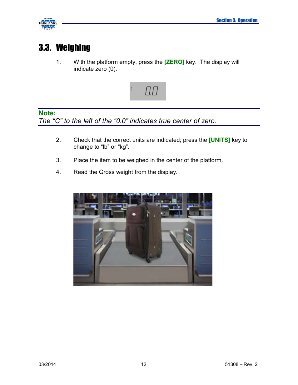 Weighing | Fairbanks SCB-R9000-B Series Ultegra Baggage User Manual | Page 12 / 19