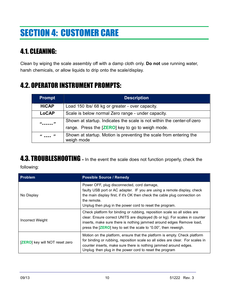 Cleaning, Operator instrument prompts, Troubleshooting | Fairbanks SCB-R9000-14U Ultegra Bench Scale User Manual | Page 10 / 16