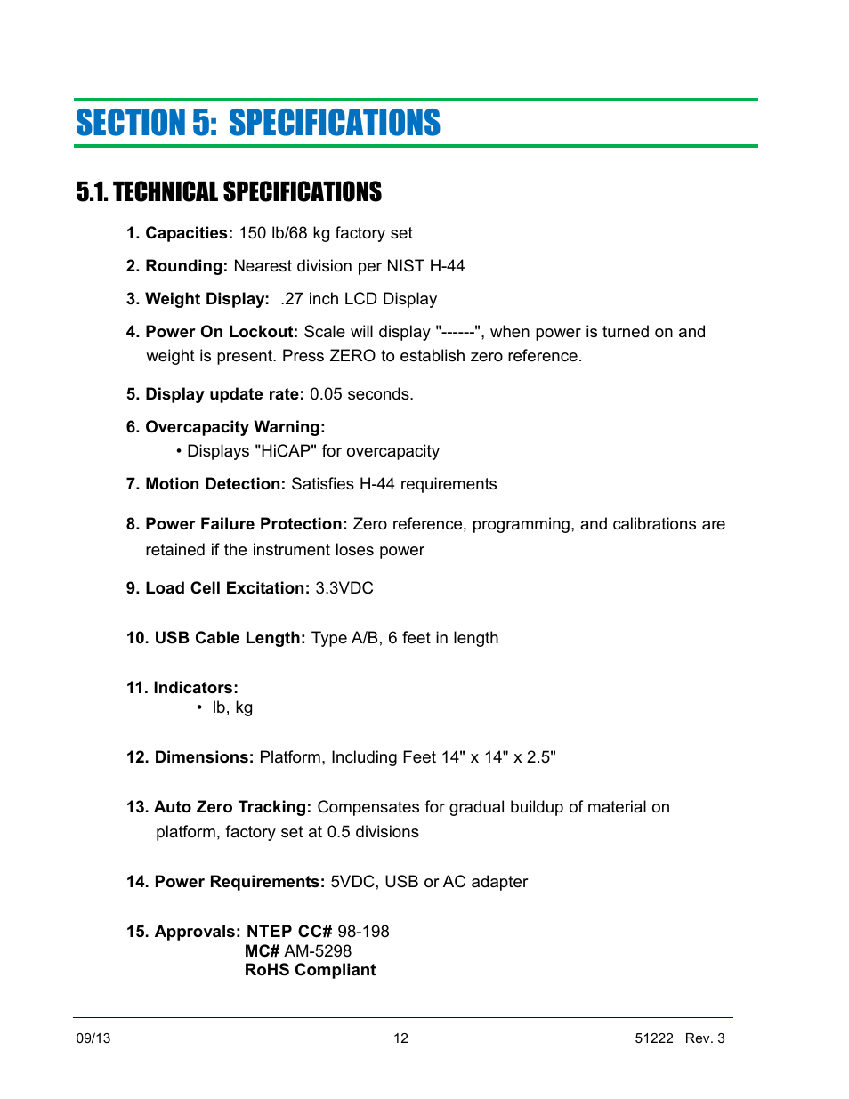 Technical specifications | Fairbanks SCB-R9000-14U Ultegra Bench Scale User Manual | Page 12 / 16