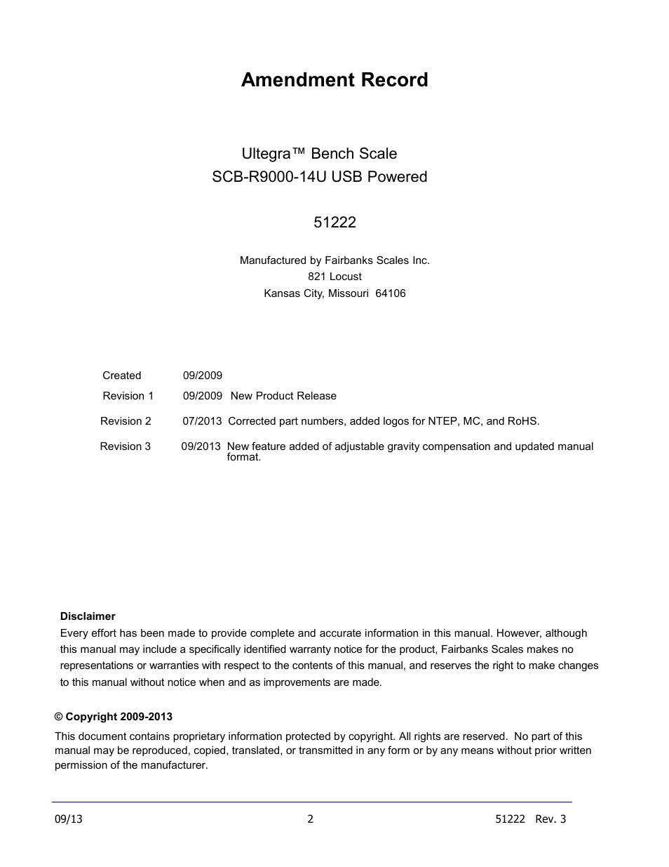 Amendment record | Fairbanks SCB-R9000-14U Ultegra Bench Scale User Manual | Page 2 / 16