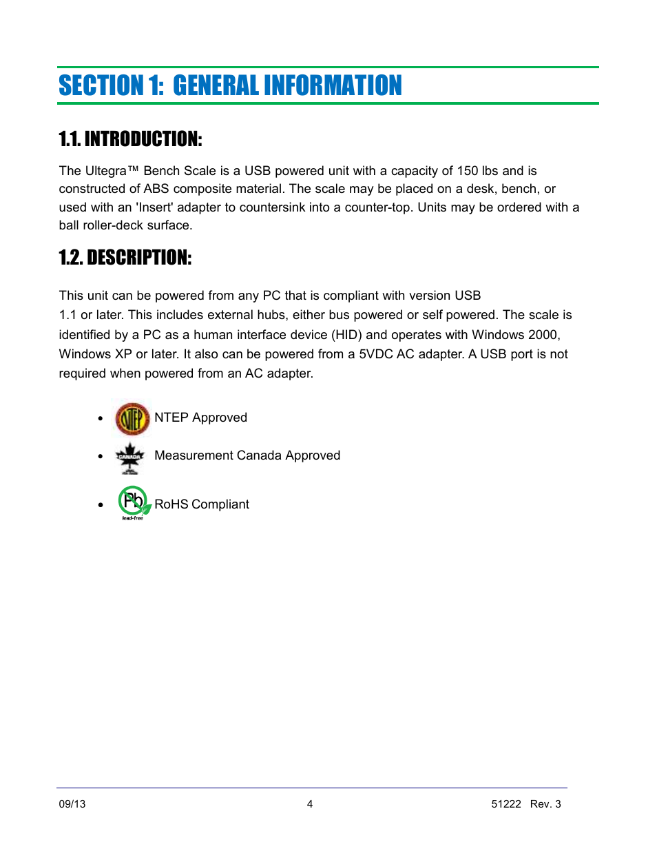 Introduction, Description | Fairbanks SCB-R9000-14U Ultegra Bench Scale User Manual | Page 4 / 16