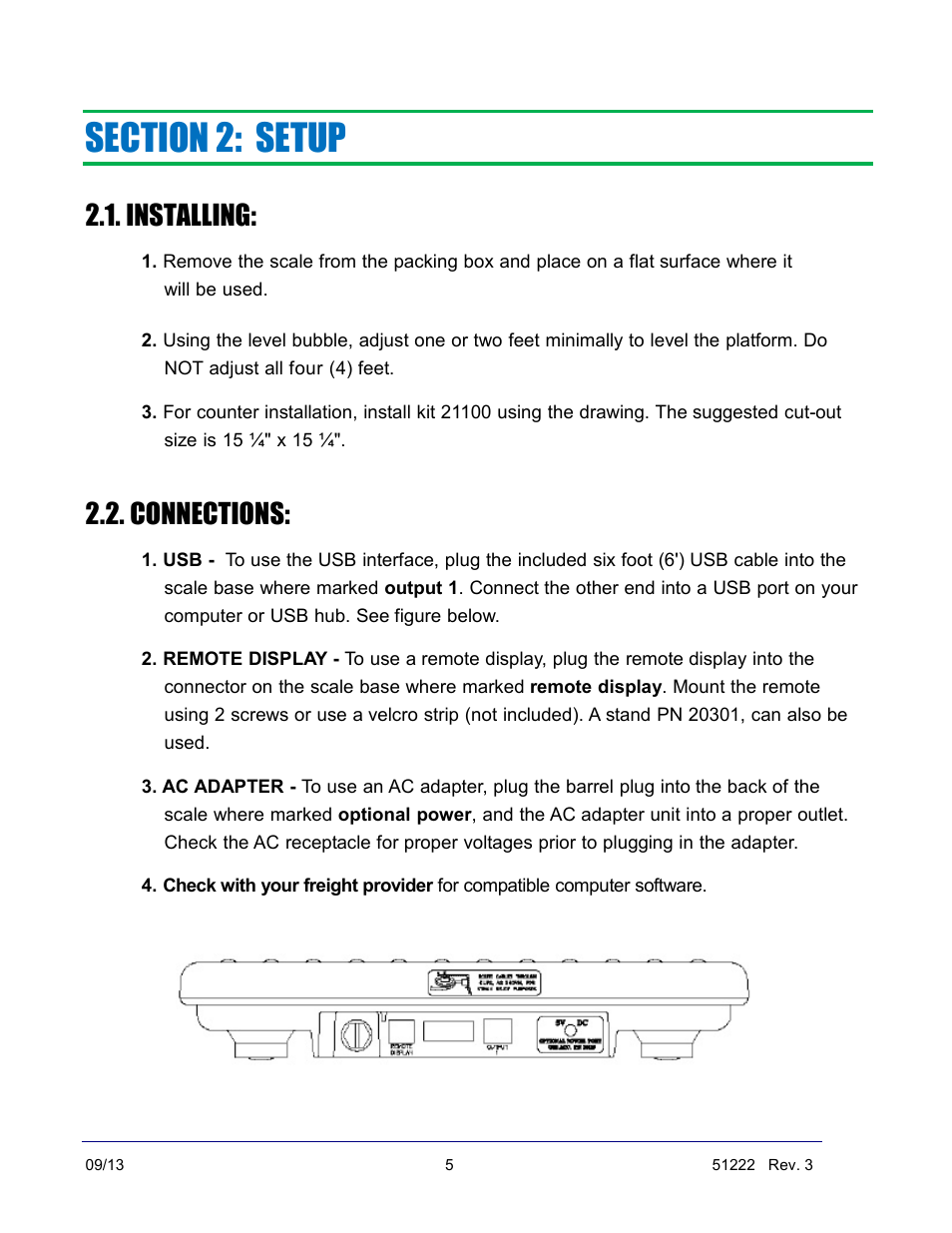 Installing, Connections | Fairbanks SCB-R9000-14U Ultegra Bench Scale User Manual | Page 5 / 16