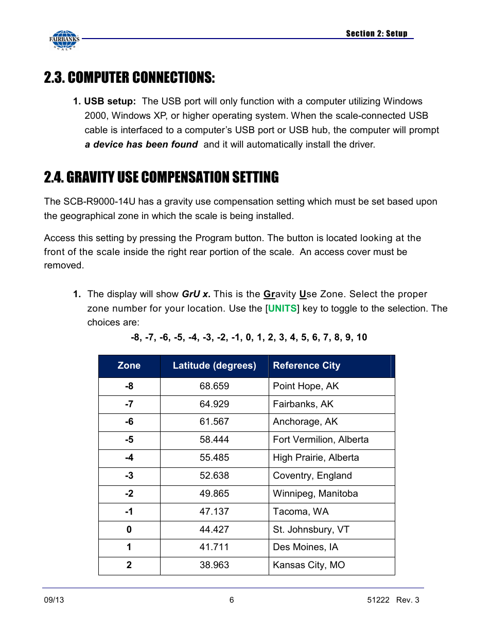 Computer connections, Gravity use compensation setting | Fairbanks SCB-R9000-14U Ultegra Bench Scale User Manual | Page 6 / 16