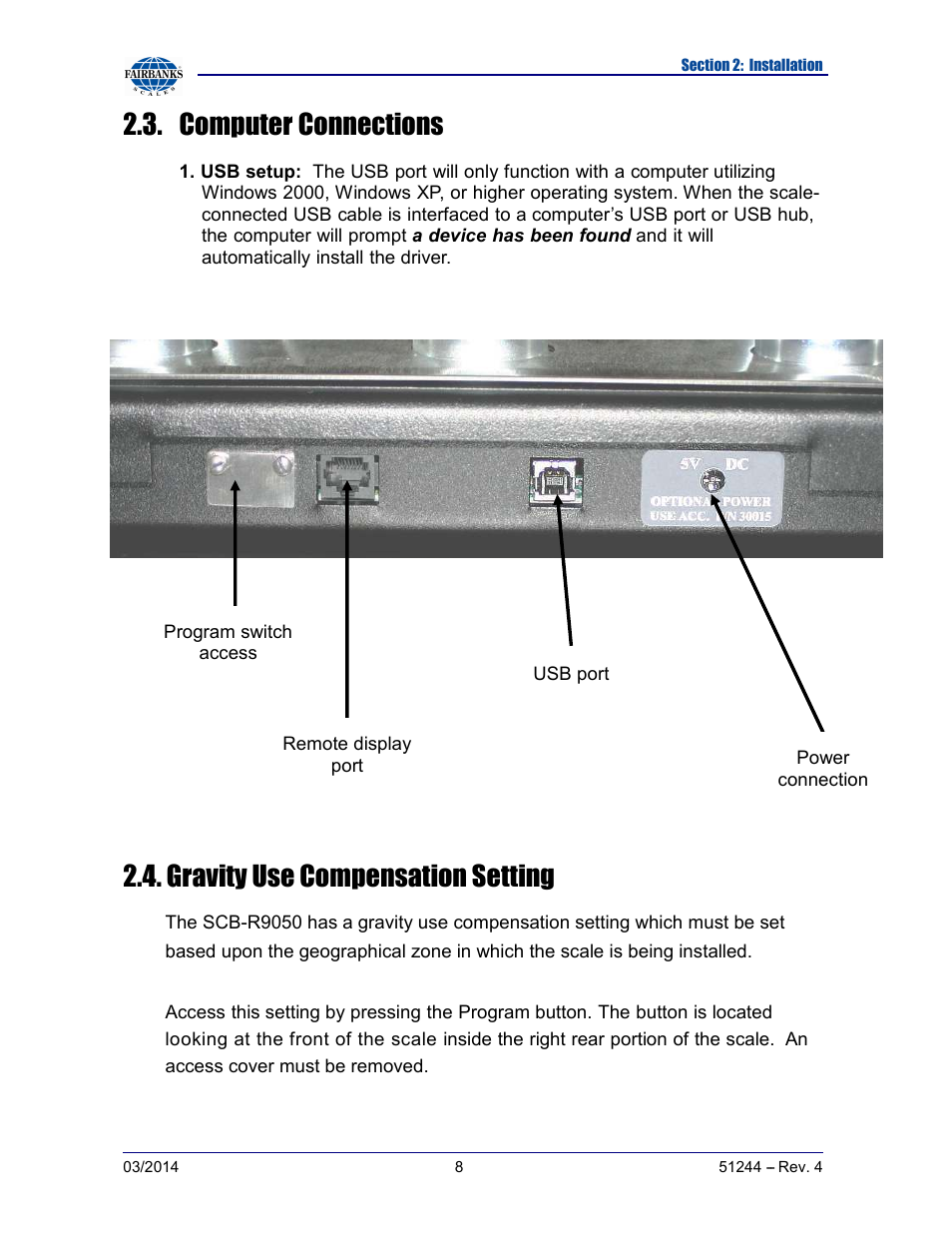 Computer connections, Gravity use compensation setting | Fairbanks SCB-R9050 Series Ultegra MAX User Manual | Page 8 / 17